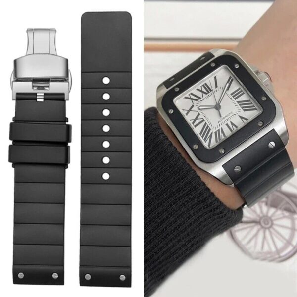 23mm Silicone Rubber Strap for Cartier Santos 100 Watch Butterfly Buckle